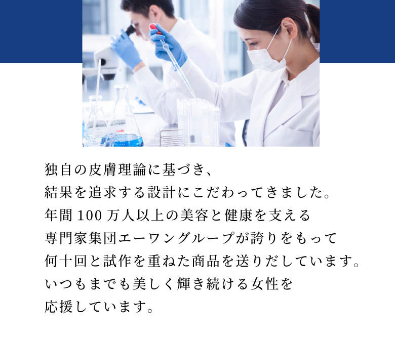 独自の皮膚理論に基づき、結果を追求する設計にこだわってきました。年間100万人以上の美容と健康を支える専門家集団エーワングループが誇りをもって何十回と試作を重ねた商品を送りだしています。いつもまでも美しく輝き続ける女性を応援しています。